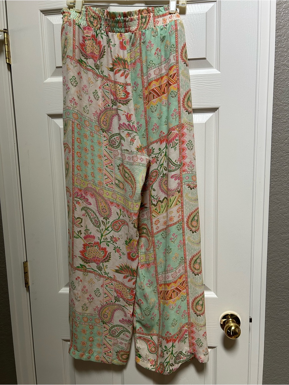 Rose & Olive Patchwork Floral Wide-Leg Pants - Mint, Pink & Cream - Picture 1 of 3